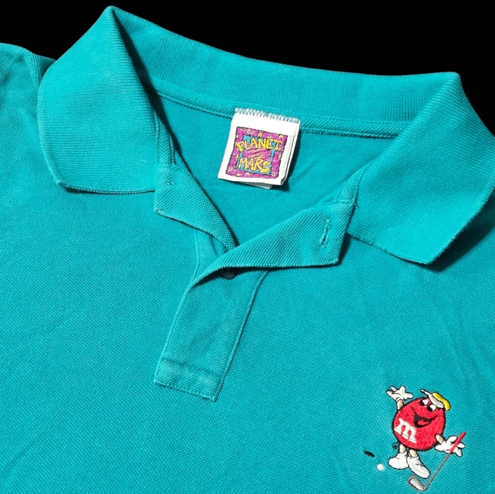 90s M&Ms Golf Polo Shirt Planet Mars Embroidered Large Blue-Green Vtg Licensed